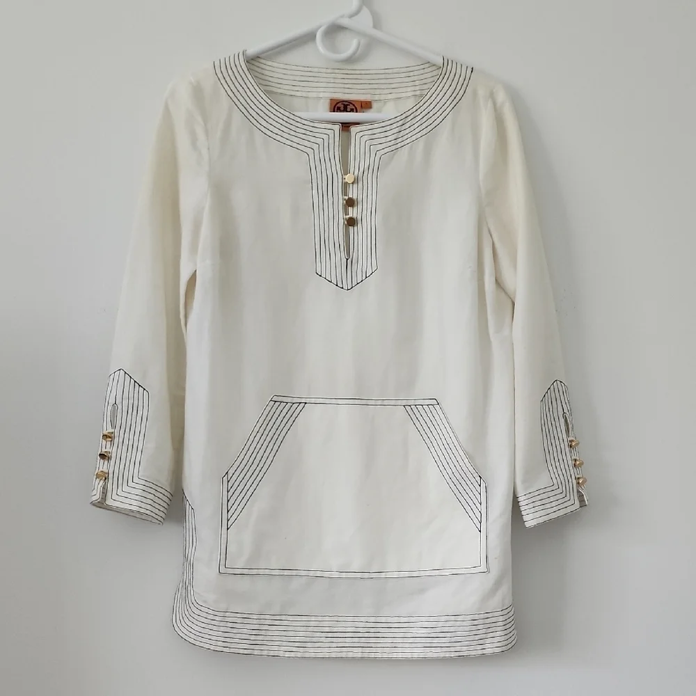 Tory Burch Boho Chic White Tunic with Black Stitch Detail and Gold Buttons Sz 4